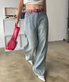 SHAGGIE オーロララインストーン付きヴィンテージルーズデニムパンツ