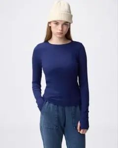 【今季】ウォームリブクルーネックT　12分袖　GU ブルー　サイズM