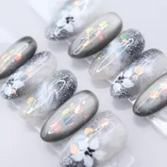 1355ネイルチップSサイズ 韓国 フラワー ギャラクシー マグネット　黒　ホロ