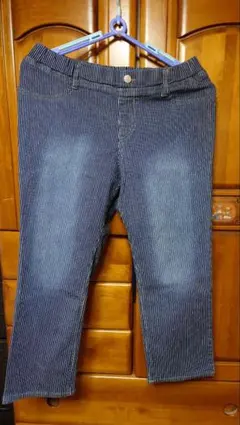 ストライプ柄 デニム クロップドパンツ ウエストゴム