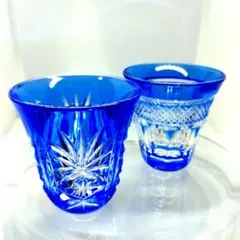 新品未使用薩摩切子青色被せガラスクリスタルカット冷酒グラスペア江戸切子