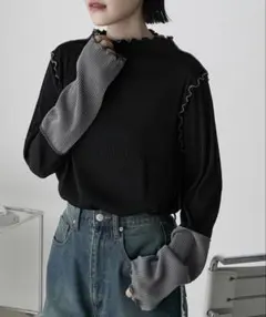 forksy. 袖口配色プリーツメロー切替 シアートップス