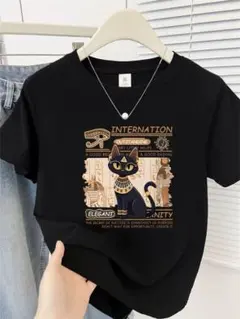 春祭限定 エジプト猫 イラスト付き黒Tシャツ ルーズフィット サイズ：3XL
