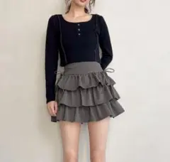 【美品】インパン裏地付きストライプ柄リボンティアーとミニスカート✨【ta207】