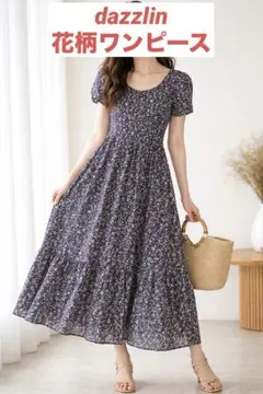 dazzlin ダズリン 花柄フラワープリント ネイビー 半袖 マキシワンピース