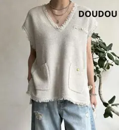 DOUDOU　ドゥドゥ　カスリ染めフレンチ　ライトグレー　F　金ボタン　ベスト