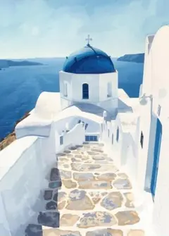 シ*ン様 1624　サントリーニ島 エーゲ海 アートポスター 風景画 絵画 青と