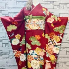 正絹振袖 駒刺繍 花鞠文 金彩 レトロ 振袖セット 振袖フルセット 赤 43