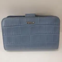フルラ　二つ折り財布 クロコダイル型押し　BABYLON ブルー
