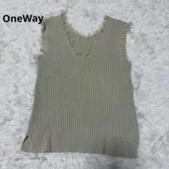 OneWay　リブニットベスト　ベージュ　フリンジ付き　リブ編み　М