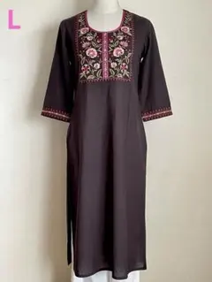 インドコットン　クルタ　刺繍　パンジャビドレス　ダークブラウン　L 18D