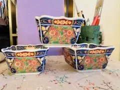 有田焼　昇龍窯　古伊万里　金彩色絵花柄　四角鉢　小鉢3個 セット