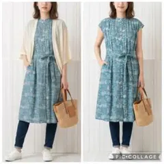 美品 ルルウィルビー フラワーチェックVネックワンピース ブルー