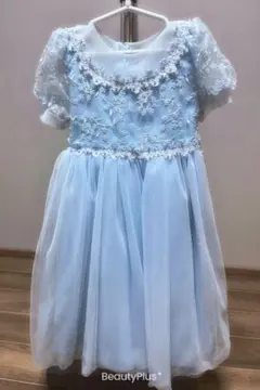 水色 花柄刺繍 半袖ドレス