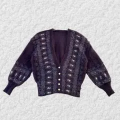 アンゴラ混 Vネックニットカーディガン ビーズ刺繍 レトロ パープル系