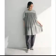 グリーンパークス　メッシュ重ね　ドッキングワンピース　チュニックトップス　グレー