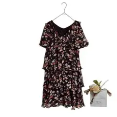 M プレフェリール 花柄ワンピース ひざ丈 透け感 上品 きれいめ お呼ばれ 黒のサムネイル