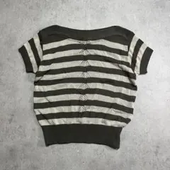 ボーダー サマーニット 半袖ニット 日本製 透かし編み カーキ ナチュラル 古着