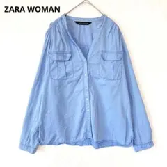 ザラウーマン／シャツ ブラウス M ノーカラー Vネック ポケット 長袖 青のサムネイル