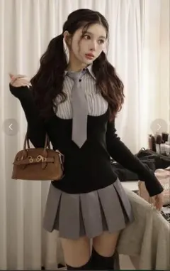 ダーリッチ シャツドッキングニットミニワンピース （ブラック）