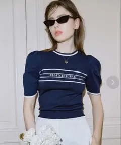 EIMY ISTOIRE パフスリーブ 半袖ニット ネイビー
