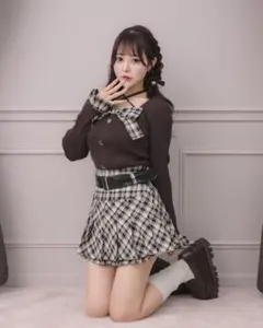 piumピウム チェックレイヤードリボンニットトップス スカート セットアップ