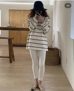 アイボリー・ネイビー ストライプ 長袖シャツ