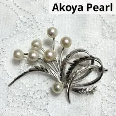 美品 アコヤ真珠 銀細工 花のデザイン ピンブローチ