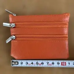 本革オレンジ 3ファスナー コインケース キーリング付き