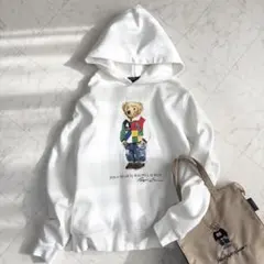 現行【ラルフローレン】パーカー　ポロベア　コットン　裏起毛　QRタグ　白