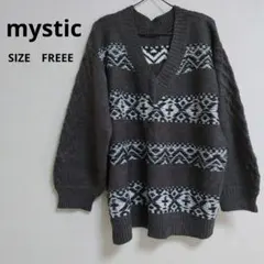 ・【mystic】ミスティック ジャガードクルーVニット チャコールグレー F
