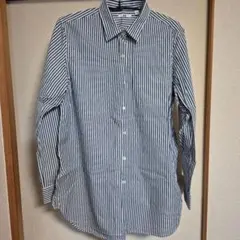 ✨️新品タグ無✨️ ユニクロコットンストライプシャツ（長袖)L ブルー系ネイビー