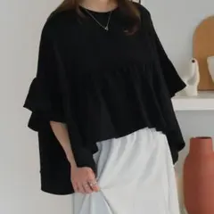 ハーフスリーブティアードTシャツ ブラック フリーサイズ フリル袖 カットソーのサムネイル