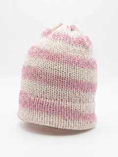 【ハンドメイド】手編みニット帽 春夏 ビーニー ストライプピンク×ホワイトy2k