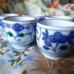 陶器製お猪口 5個セット 青い花柄