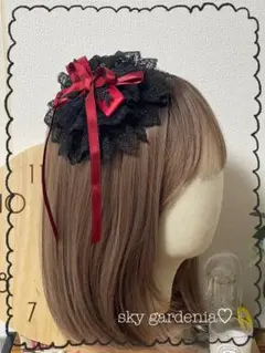 ♡黒ダブルレースブラックローズ赤リボン円形ヘッドドレス ロリータ量産型ゴスロリ♡