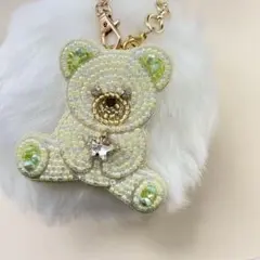 テディベア　くま　イエロー　ビーズ刺繍ブローチ　バッグチャーム