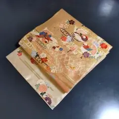 【高級袋帯】絢爛豪華　白×金地　蝶鳥　花　刺繍　ピンクゴールド　ふくら雀結びにも