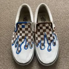 VANS スリッポン チェッカーフラグ ファイアパターン 襤褸 ハンドペイント