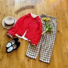 スタディオクリップ＊透かし編み コットンニット 襟付きカーディガン 赤