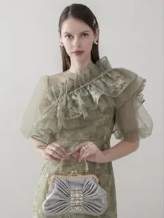 3WAYチュールラッフルフラワースパンコールIラインワンピースドレス結婚式二次会