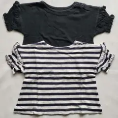 2枚セットフリル袖半袖Tシャツ ブラック ボーダー