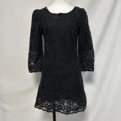 韓国ファッション 黒 レース 七分袖 ミニワンピース