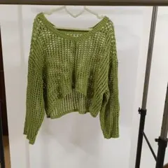 透かし編み 春物ニット オリーブグリーン