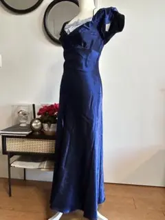 ネイビーブルー フリル袖 パーティードレス　社交ダンス