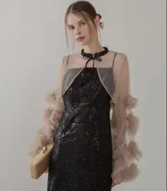 フリルチュールスリーブリボンIラインワンピースドレス2点セット