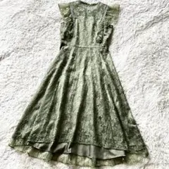 【美品】エメ アンシェ ギャザーフレアスリーブドレス グリーン 結婚式 Mのサムネイル