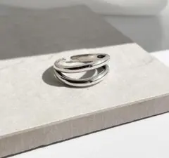 シルバーリング　サイズフリー　ダブルラインオープンリング　人気　韓国【B16】