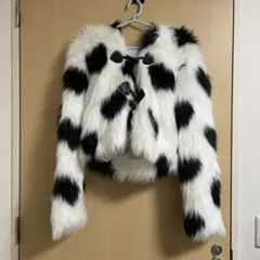 白黒パターン 毛皮コート ショート丈 フード