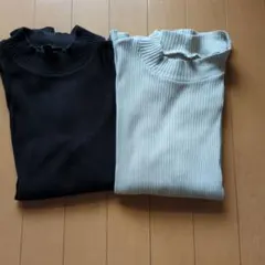 リブ編みフリルネック長袖トップス2色セット